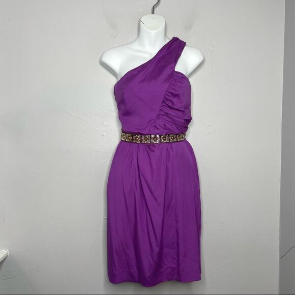 Trina Turk Dresses & Skirts - TRINA TURK Silk Dress Womens Size 8 One Shoulder Beaded Belted Mini Party Purple